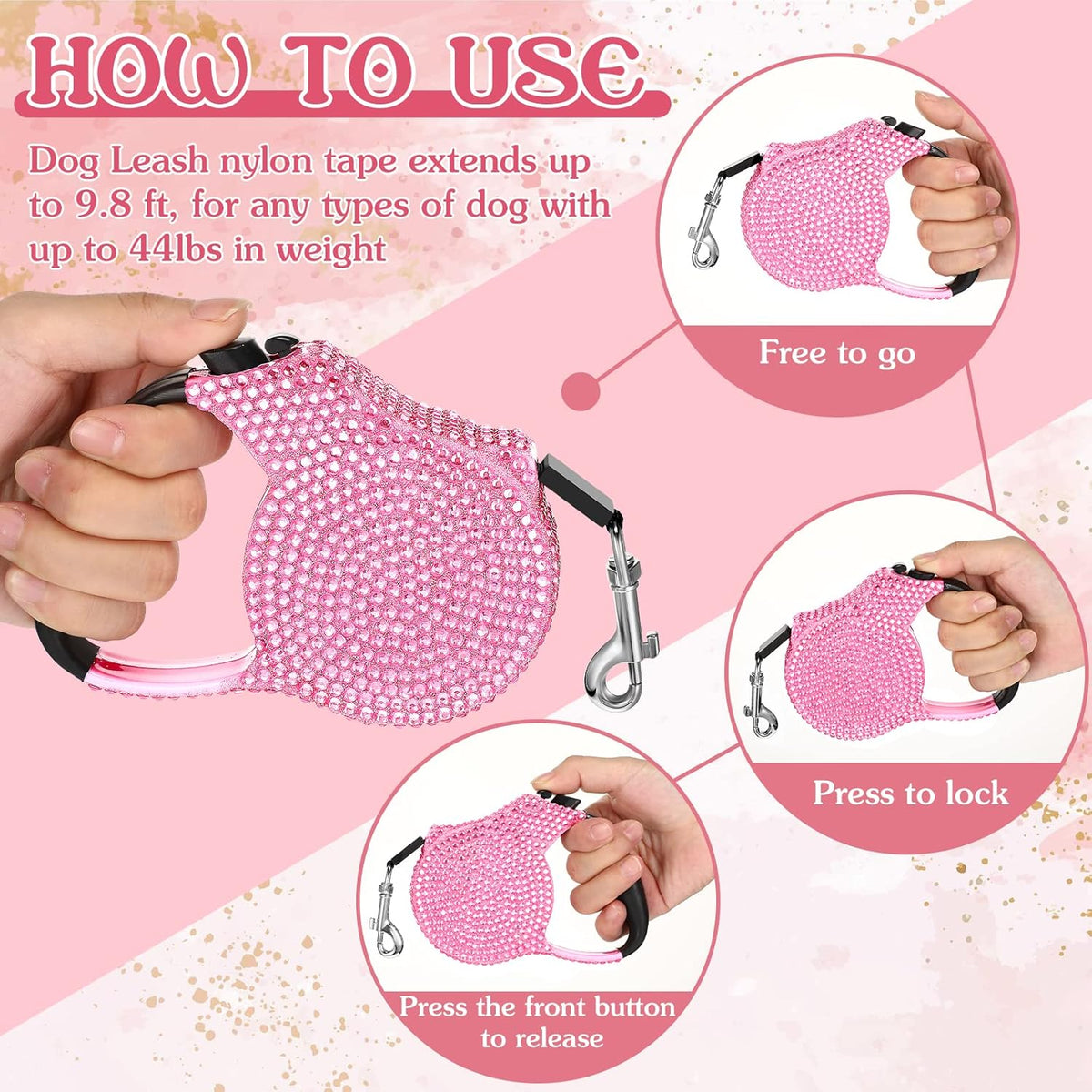 Sparkle Retractable Dog Leash – 9.8 ft Crystal Design