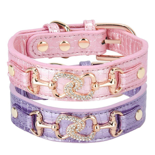 Boutique Crystal Heart Dog Collar – Pink & Purple Croc Texture